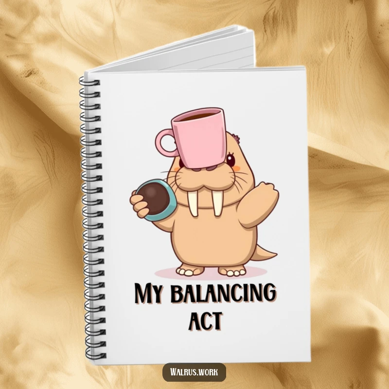 Funny walrus character balancing a coffee mug on its nose, depicted on the cover of a humorous notebook.