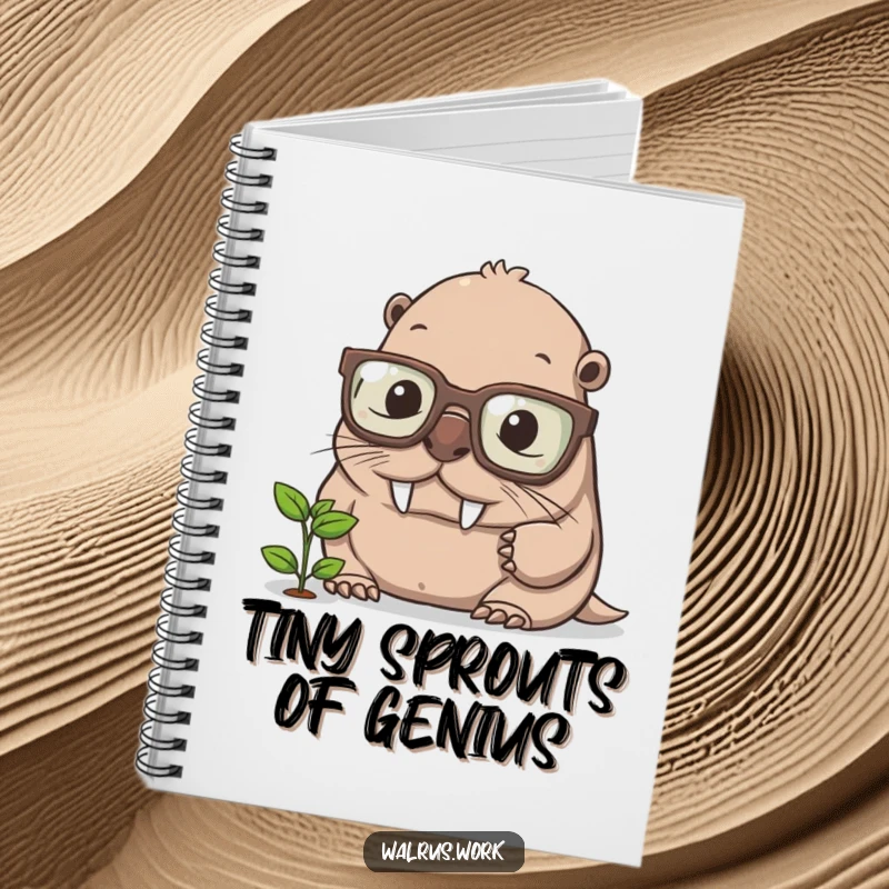 Funny walrus notebook cover, a walrus with big glasses intently observing a tiny sprout, perfect for jotting down smart ideas.