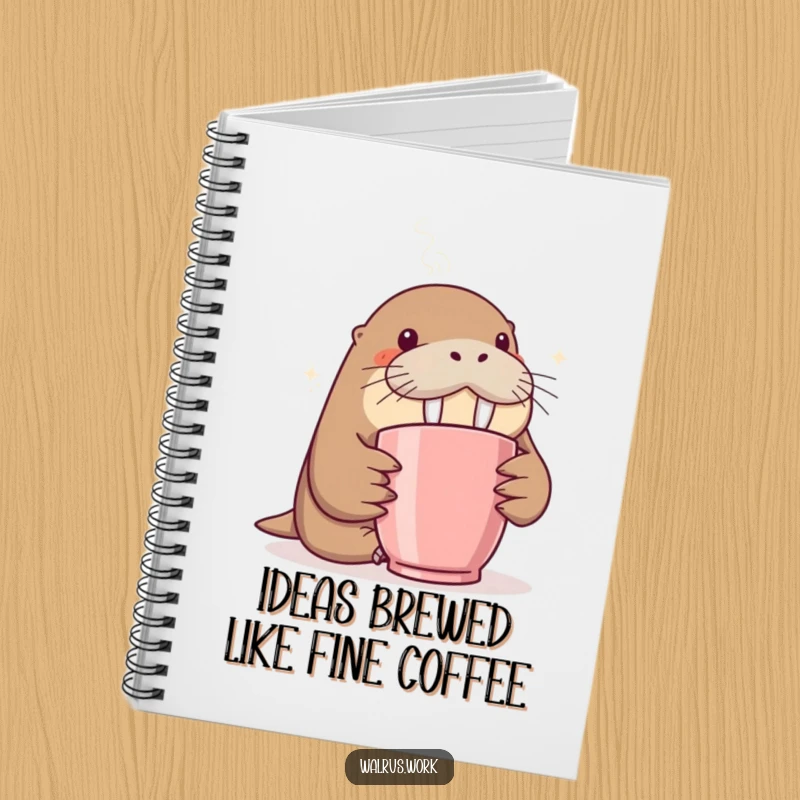 Funny notebook with a walrus curiously sniffing coffee steam, perfect for jotting notes with a humorous touch.