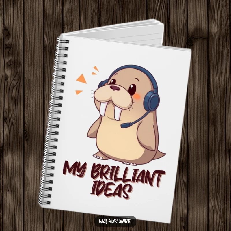 Funny walrus notebook with a surprised walrus wearing a headset on the cover, perfect for capturing unexpected notes.