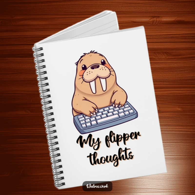 Funny walrus notebook with a walrus using its flippers to type on a keyboard, designed for humorous note-taking and journaling.