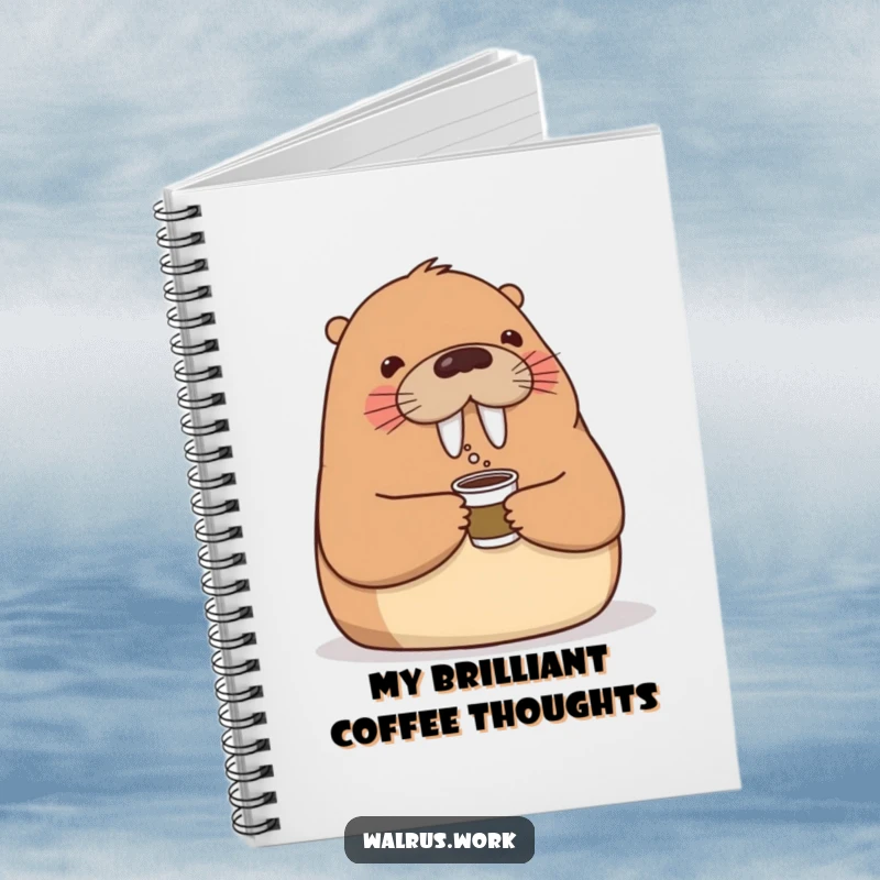 Funny notebook featuring a friendly walrus offering a tiny coffee cup with a nod, ideal for jotting down work notes and ideas.