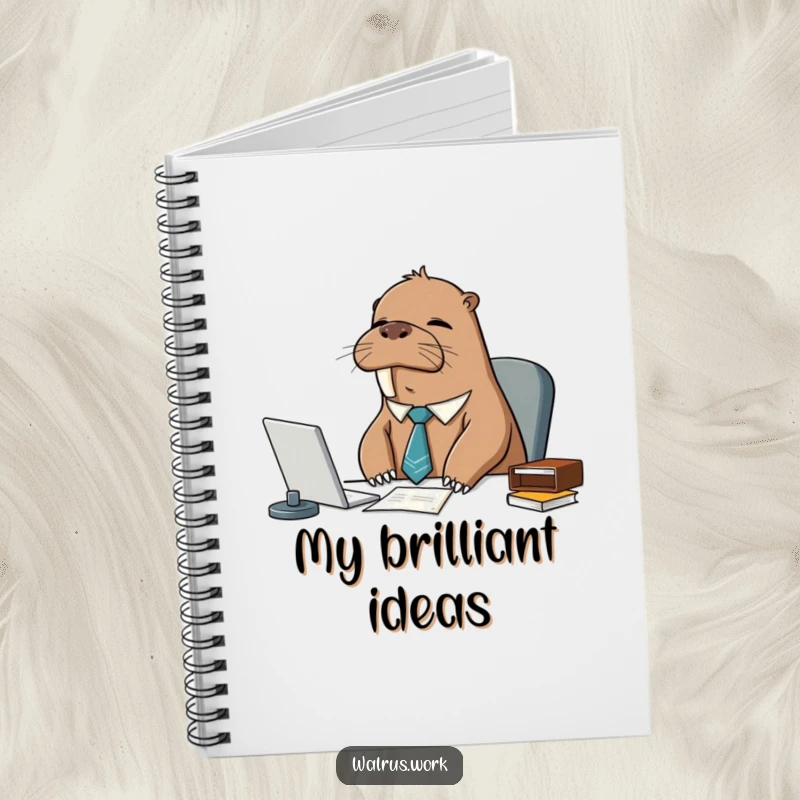 Funny sleepy walrus wearing a tie, at a desk, on a notebook cover, for jotting down humorous notes.