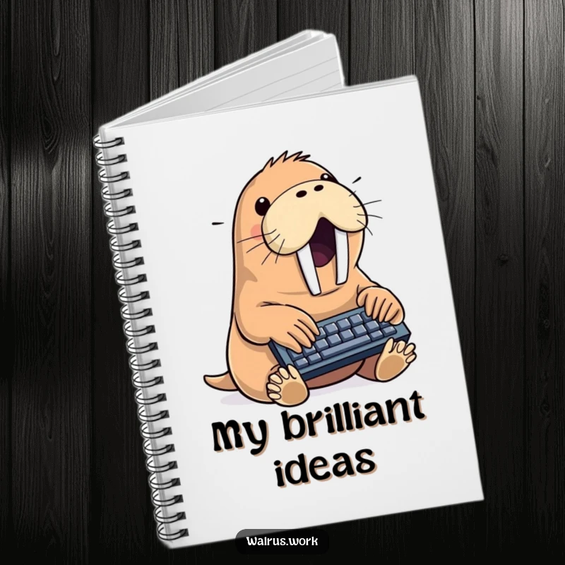 Funny walrus notebook depicting a sea creature typing with enthusiasm on a tiny keyboard, great for jotting notes with a smile.