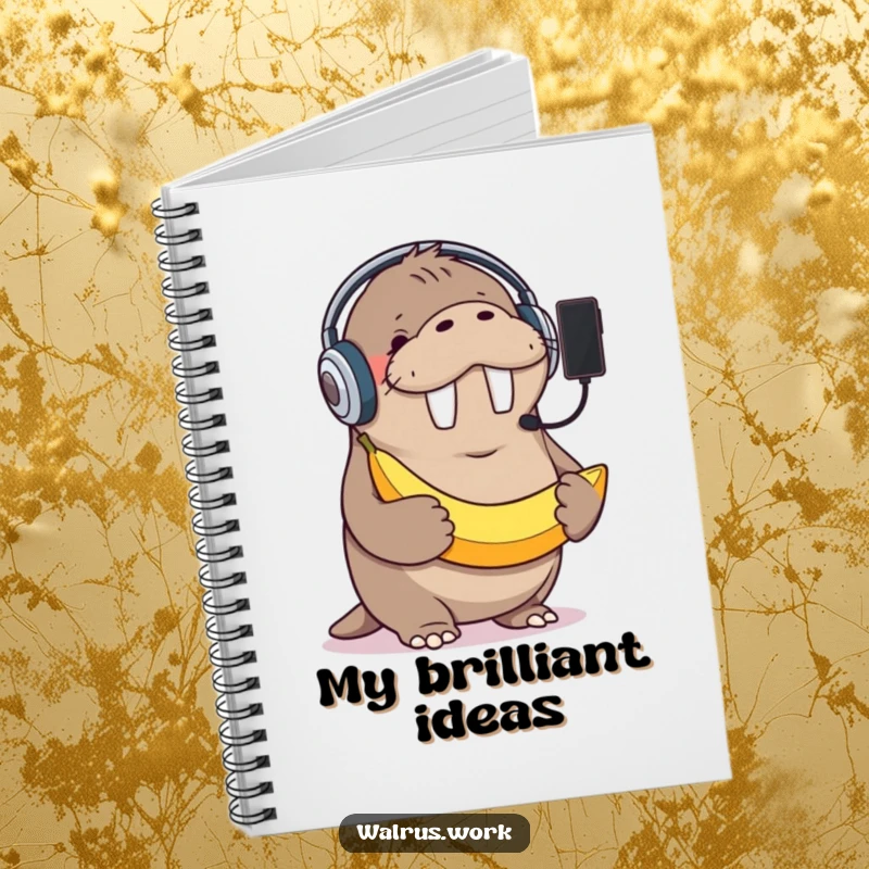 Funny notebook cover with a giggling walrus in a headset, holding a banana as a phone, inspiring creative notes and humorous ideas.