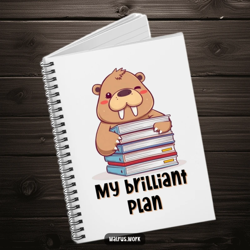 Funny notebook with a walrus peeking from behind files and winking, perfect for jotting down ideas humorously.