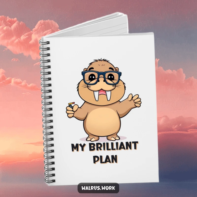 Funny notebook cover featuring a walrus with glasses pointing at a whiteboard with a triumphant grin. Ideal for notes.