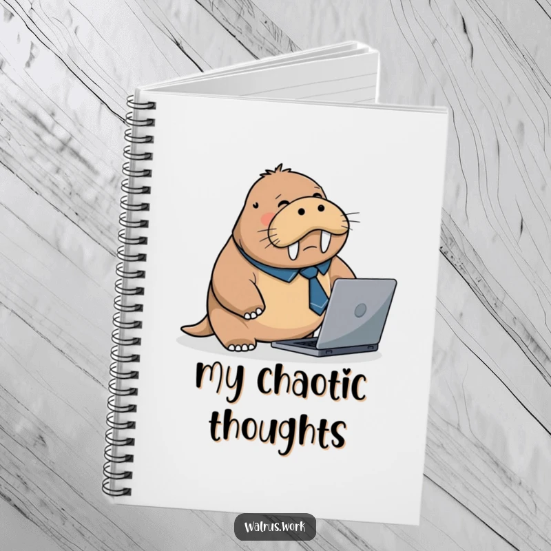 Funny notebook cover with a flustered walrus in a business tie, tripping over a laptop, inspiring notes on work and life.