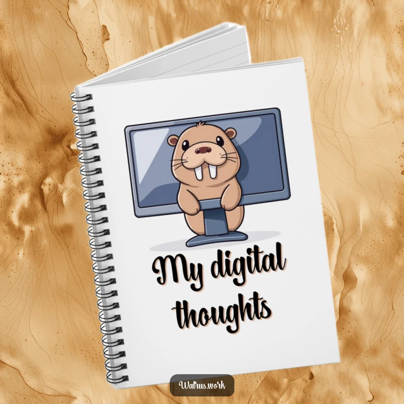 Funny tech walrus notebook with a walrus peeking from behind a computer, ideal for taking notes and planning online activities.