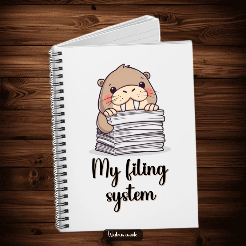 Funny notebook featuring a walrus hiding behind papers. Ideal for jotting notes. Great funny gift.
