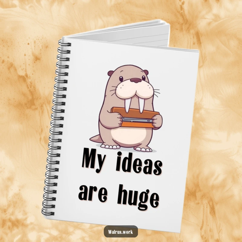 Funny walrus notebook with a walrus character hilariously attempting to use a stapler that is far too large for its flippers.