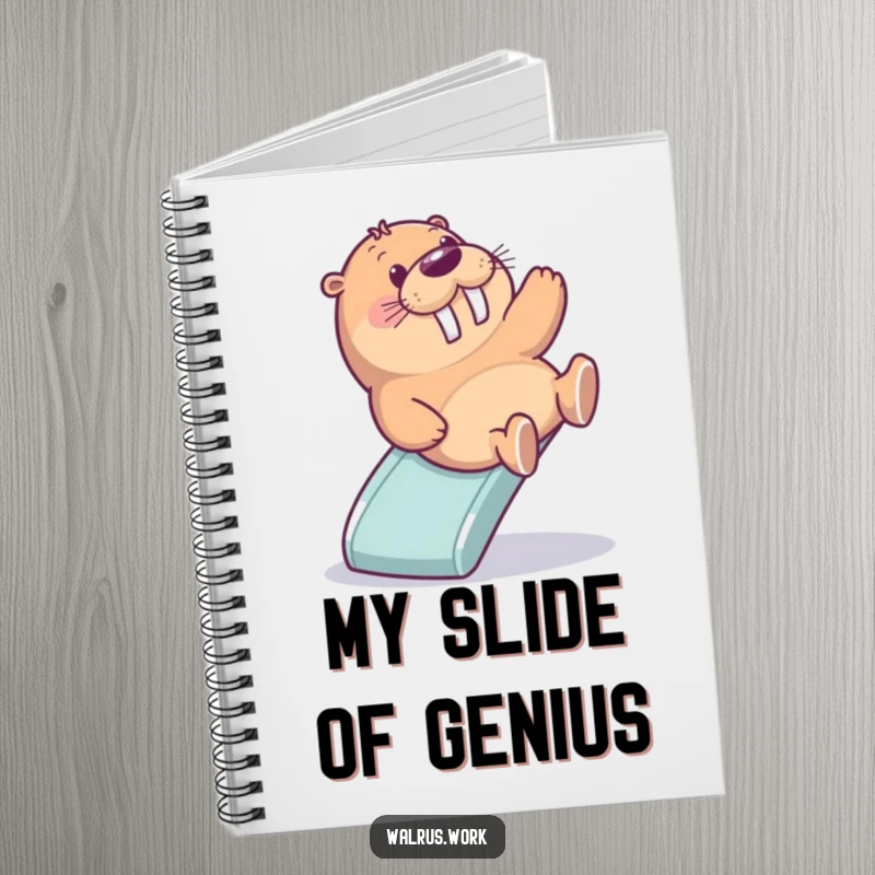 Funny notebook featuring a delighted walrus sliding down a miniature office slide, perfect for jotting down creative ideas and fun thoughts.