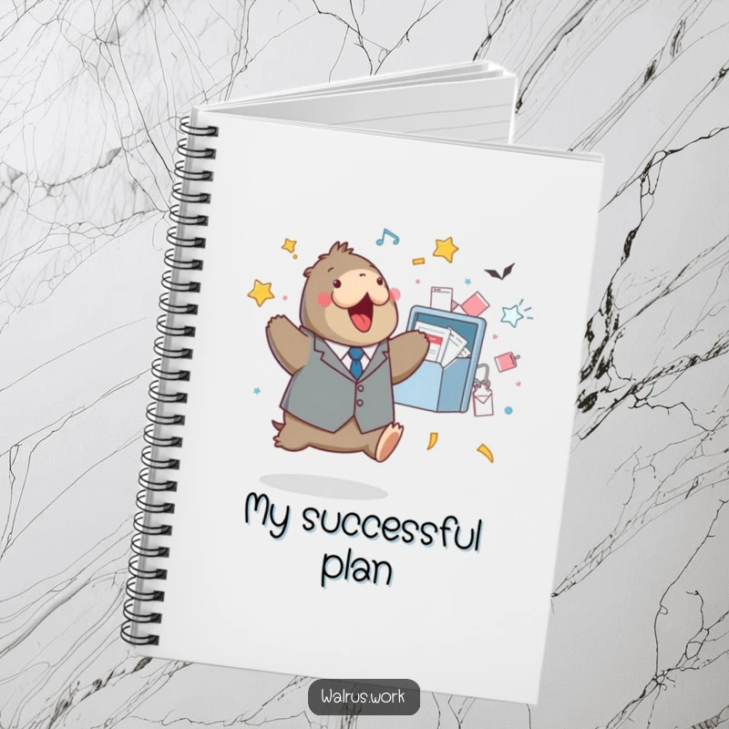 Funny notebook with a walrus in a tiny suit, joyfully jumping near an overwhelming and overflowing inbox.