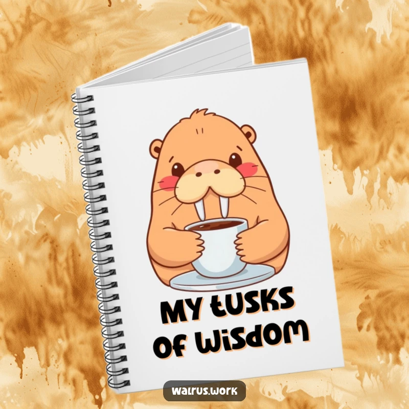 Funny walrus notebook with a contented walrus sipping coffee on the cover, inspiring note-taking.