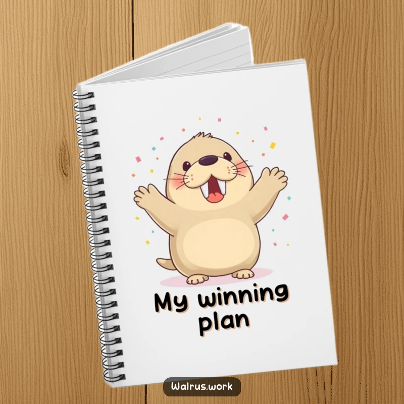 Funny walrus notebook with a walrus cheering and confetti falling, ideal for planning.