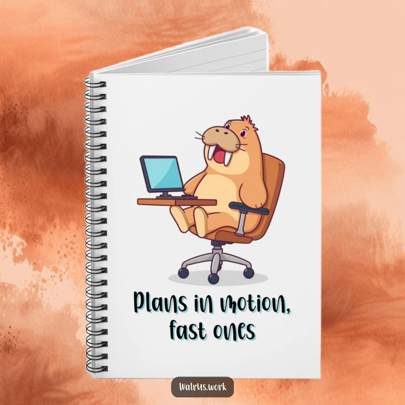 Funny notebook with a walrus gleefully riding an office chair, perfect for jotting notes with a humorous touch.
