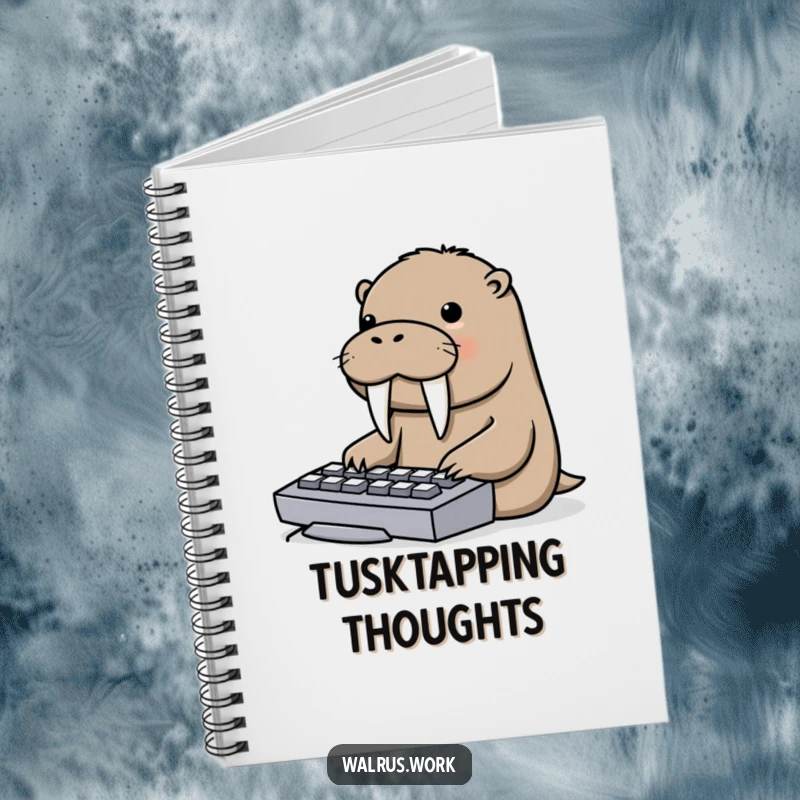 Funny notebook featuring a walrus using its tusks to type on a keyboard, perfect for jotting down creative ideas.