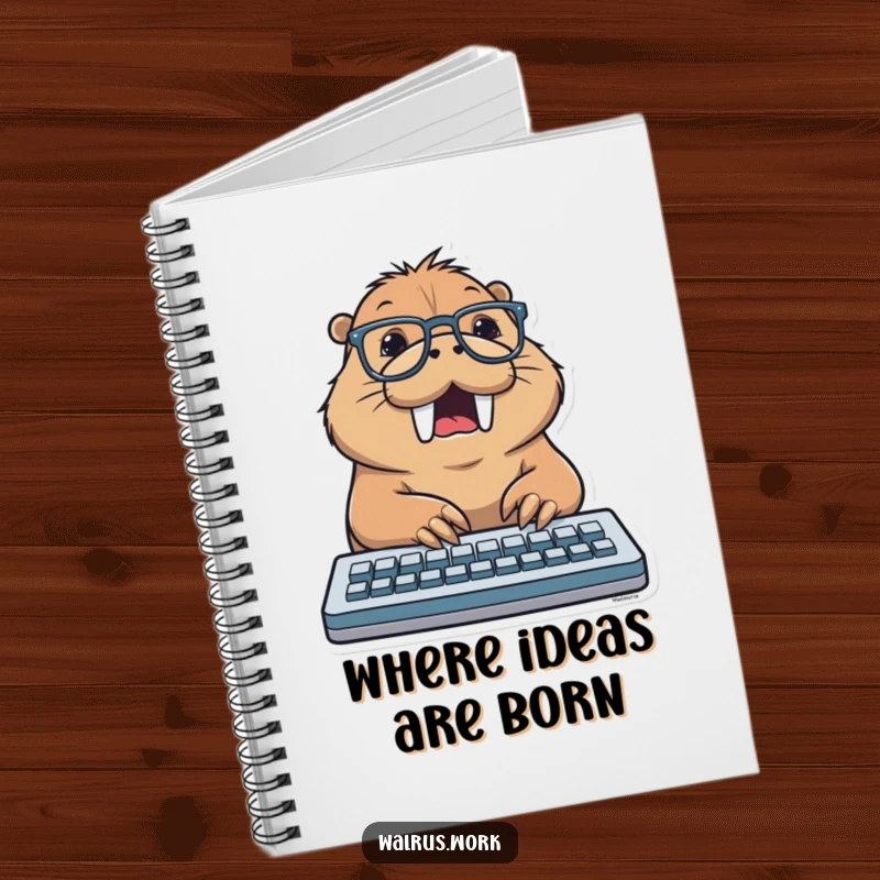 Funny notebook cover with a walrus wearing glasses, typing excitedly on a keyboard, encouraging creative writing and digital work.