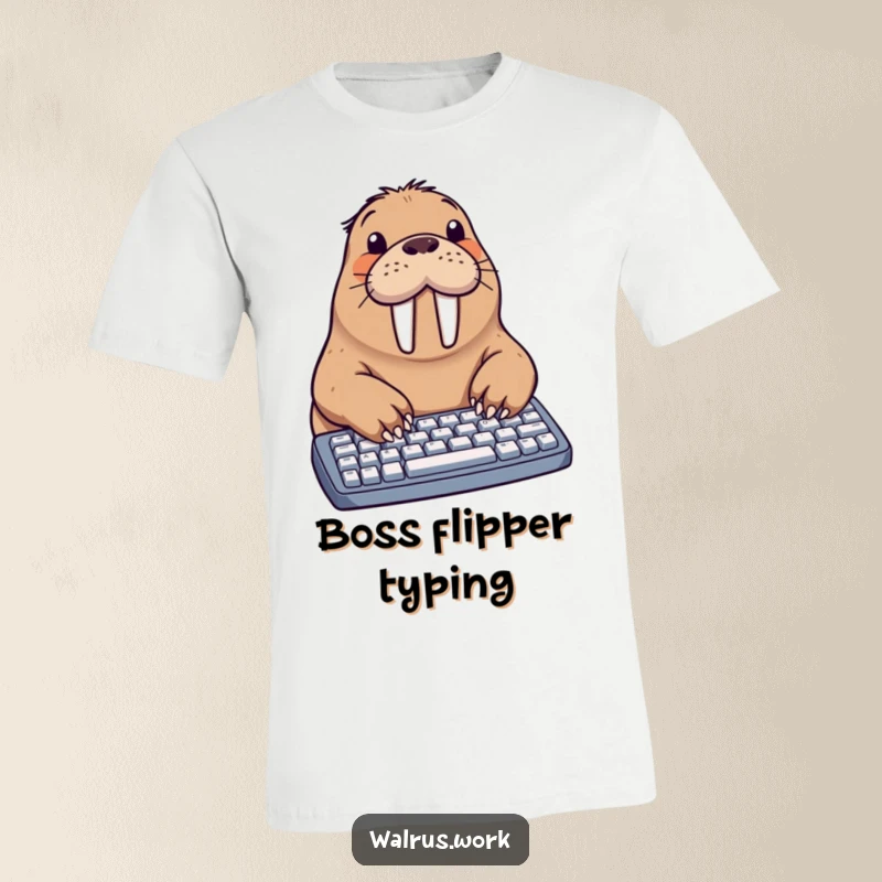 Funny walrus t-shirt depicting a sealion-like walrus typing on a computer keyboard with its flippers, a comical work scenario.