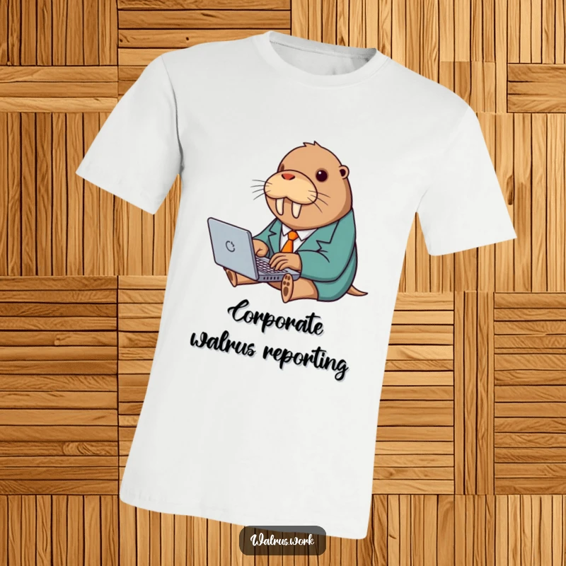 Funny t-shirt of a walrus in a miniature suit typing furiously on a laptop, perfect for office humor.