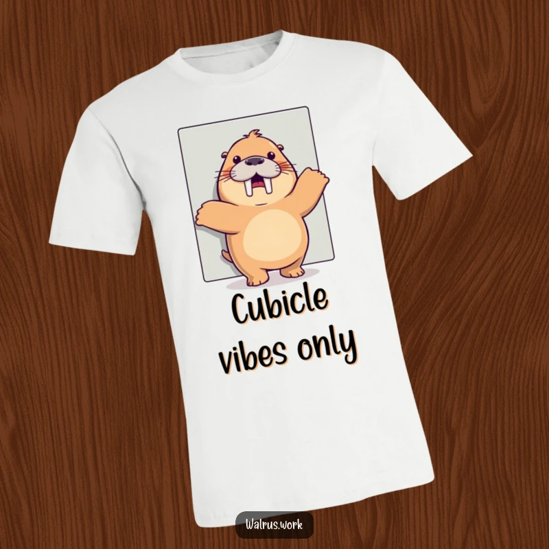 Funny happy dance walrus t-shirt depicting a cheerful walrus dancing behind an office cubicle, a fun funny gift.