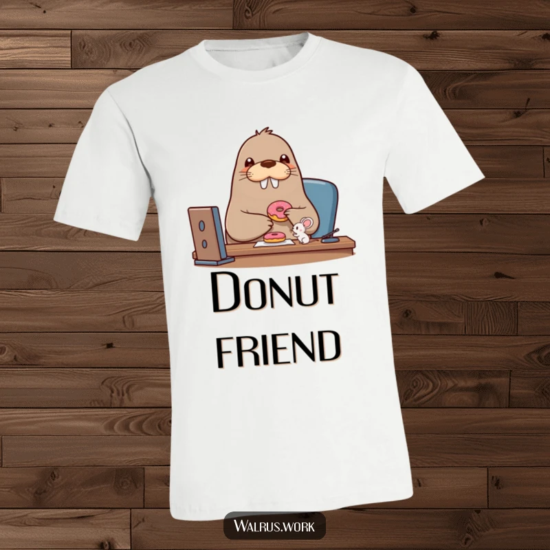 Funny walrus t-shirt depicting a beaming walrus character sharing a donut with a tiny mouse, embodying sweet friendship.