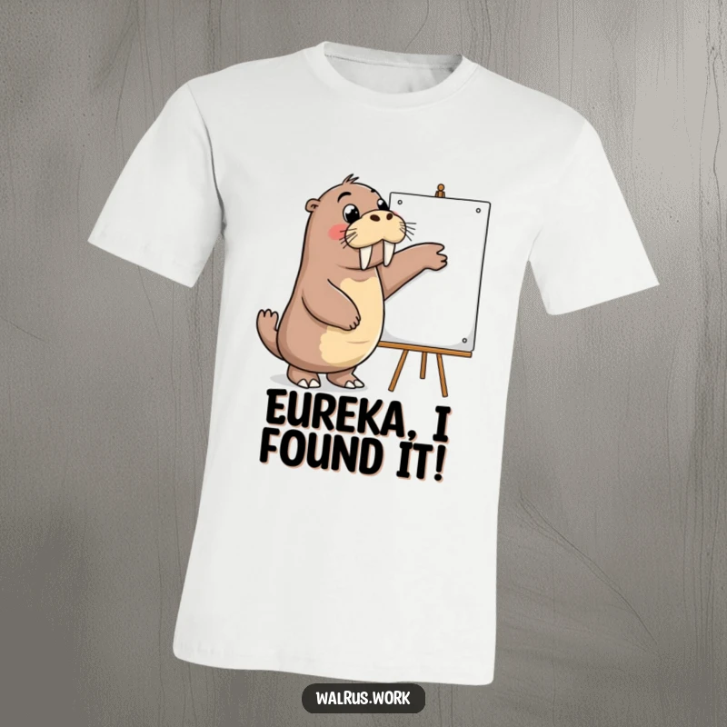 Funny t-shirt featuring an energetic walrus pointing at a whiteboard, capturing the excitement of sharing ideas and making presentations.