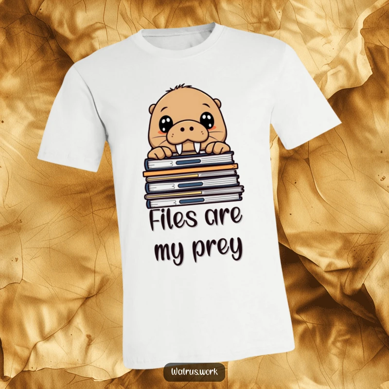 Funny walrus t-shirt featuring a curious sea mammal with large eyes peeking over a stack of office documents, highlighting an inquisitive nature.