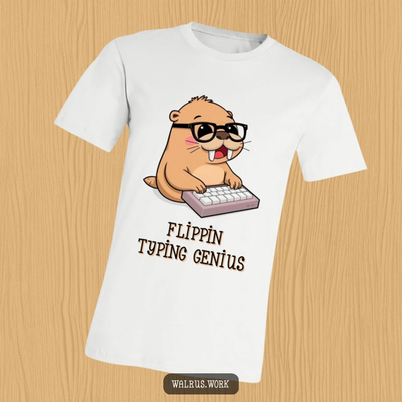 Funny walrus, wearing glasses, joyfully typing on miniature keyboard, office humor, animal apparel, productive tee.