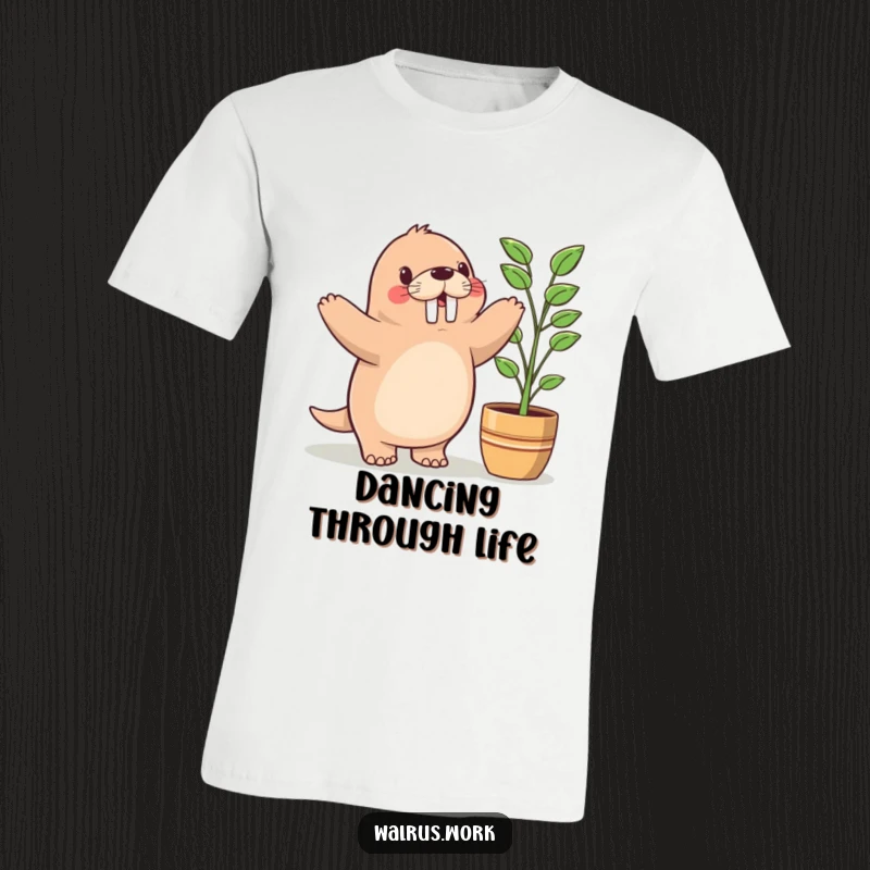 Funny T-Shirt featuring a cute Kawaii walrus doing a little happy dance beside a healthy potted plant, symbolizing joy and nature.