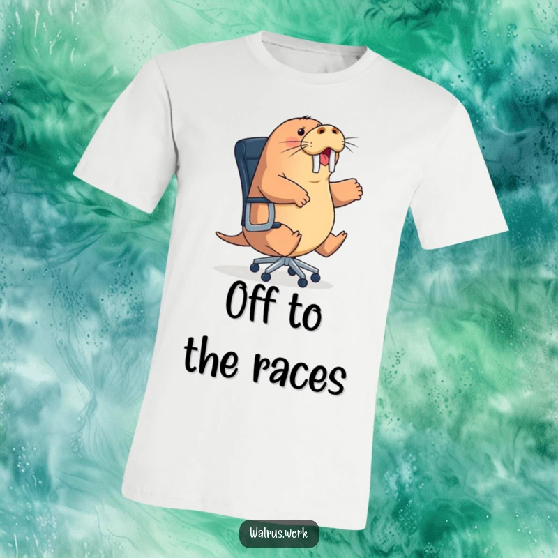 Funny energetic walrus t-shirt depicting a sea mammal attempting to ride a rolling office chair, a fun funny gift.