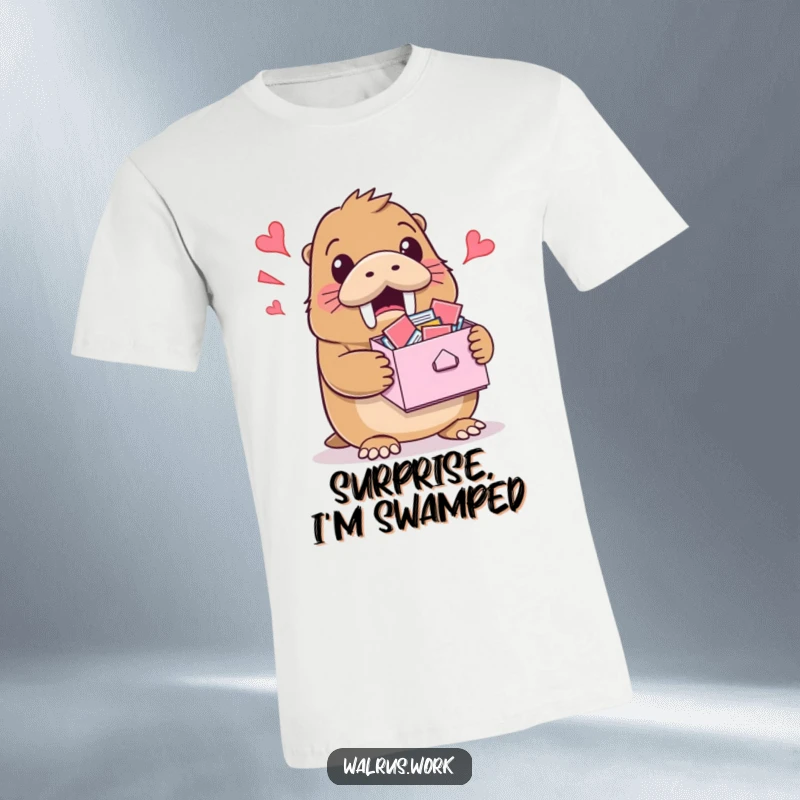 Funny t-shirt showing a walrus with wide eyes and a grin, holding a paper-filled inbox that’s bursting.