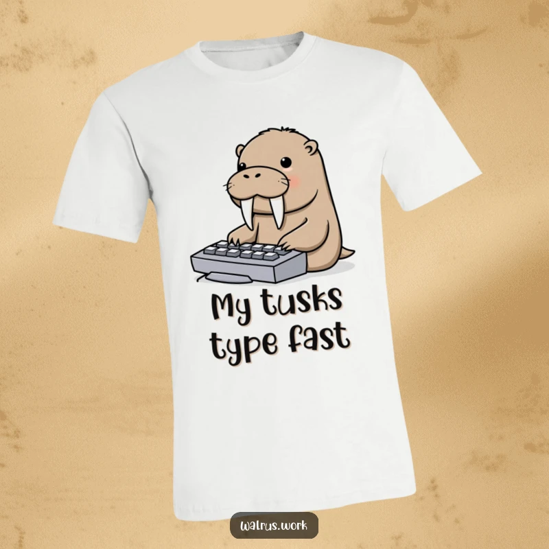 Funny t-shirt illustrating a walrus playfully using its tusks to type on a computer keyboard, an amusing sight.