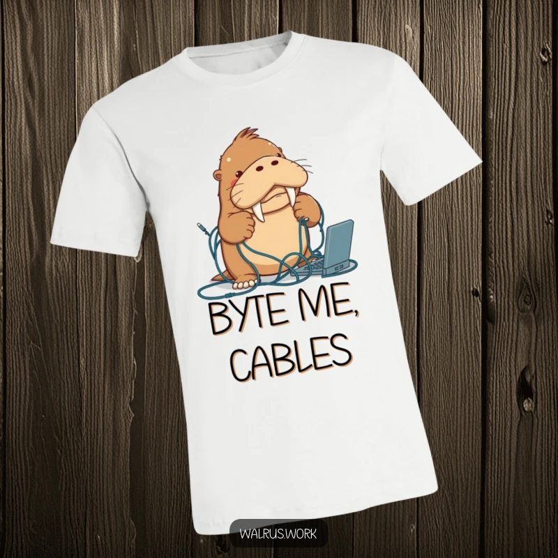 Funny walrus t-shirt depicting a determined walrus character hilariously wrestling with a daunting tangle of computer cables.