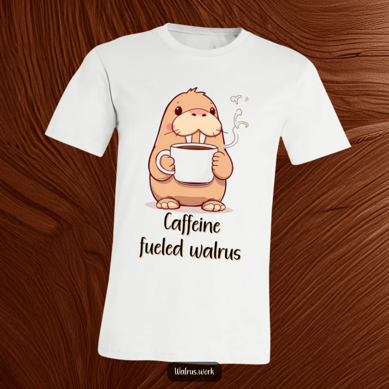 Funny walrus t-shirt depicting a walrus holding a coffee mug with exaggerated steam, celebrating coffee lovers humorously.