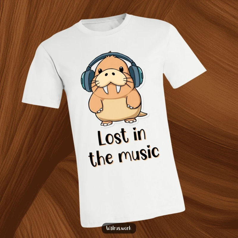 Funny walrus character with a comical expression, attempting to wear oversized headphones, embodying music lover struggles.