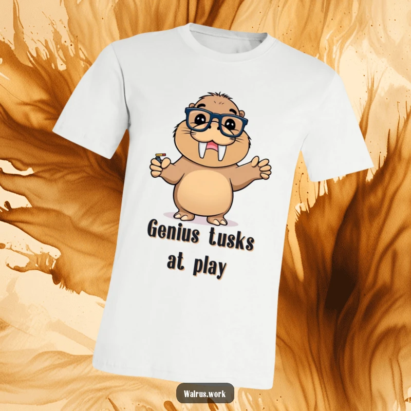 Funny t-shirt featuring a walrus with glasses and a triumphant grin pointing at a whiteboard, showcasing smarts.