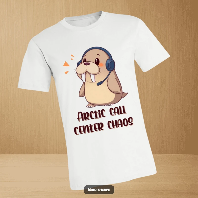 Funny walrus t-shirt of a surprised walrus wearing a headset, reacting to a sudden phone call.