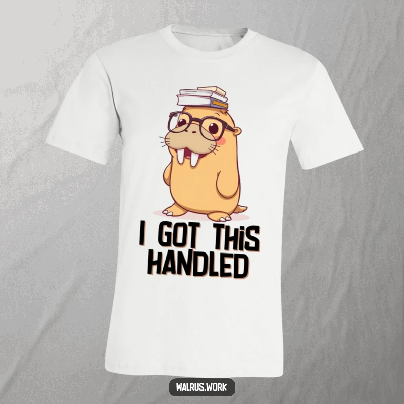 Funny t-shirt showcasing a smiling walrus with glasses precariously balancing a huge pile of papers on its nose, looking stressed but determined.