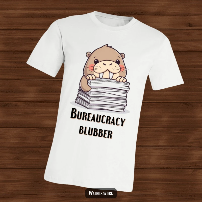 Funny t-shirt depicting a walrus peeking comically from behind a mountain of papers. Humorous office worker gift.