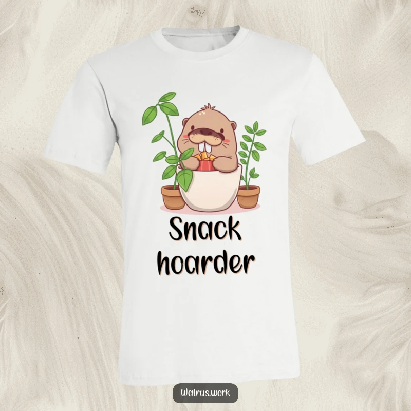 Funny giggling walrus character playfully hiding snacks inside a potted plant, looking furtive and amused.