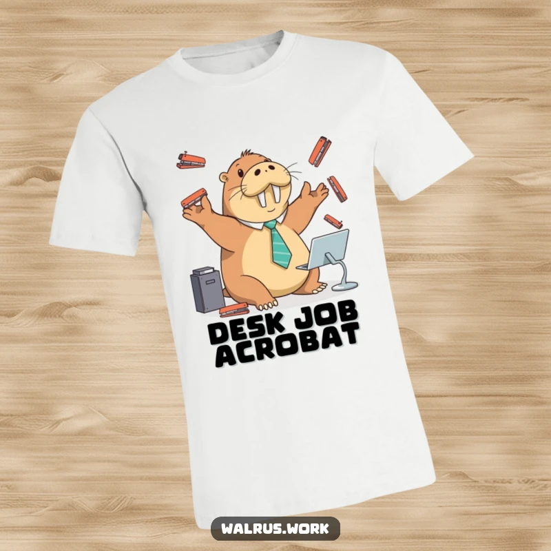 Funny t-shirt featuring a walrus in a small tie juggling multiple staplers at a desk, perfect for office humor.