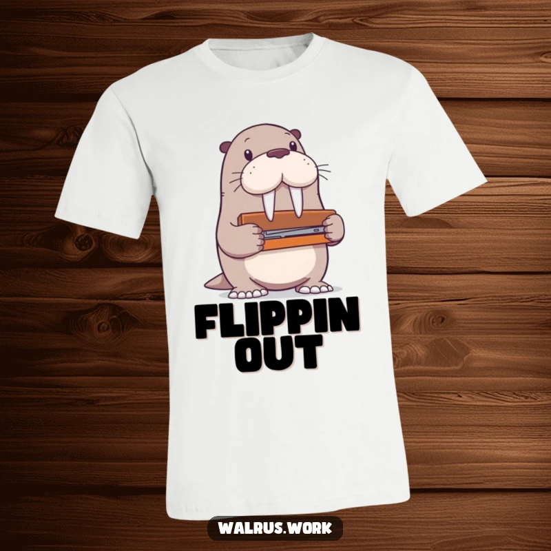 Funny walrus t-shirt depicting a walrus character hilariously attempting to operate a stapler that dwarfs its flippers.