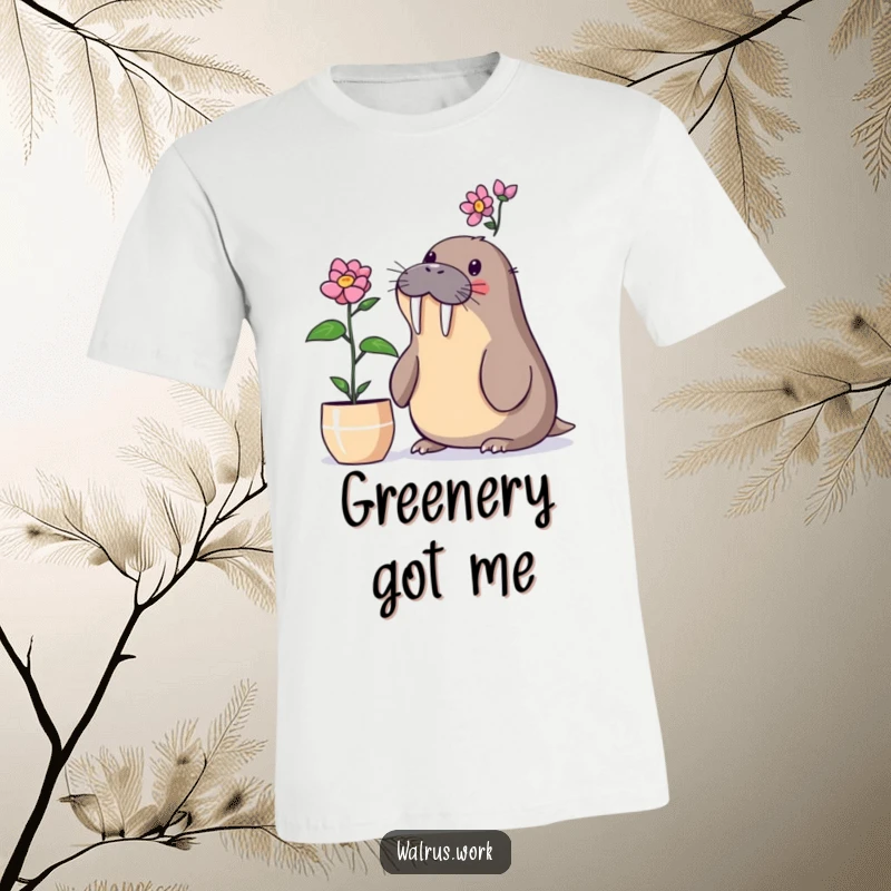 Funny walrus t-shirt with a walrus surprised by a blooming desk plant, great for plant humor.