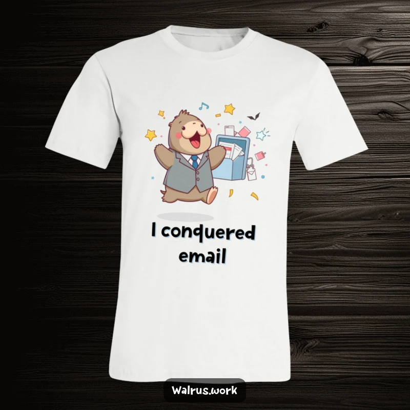Funny t-shirt featuring a walrus in a tiny suit doing a celebratory jump near a massively overflowing inbox.