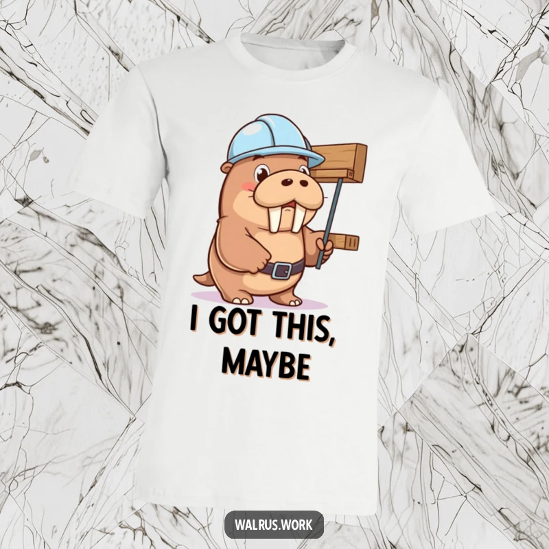 Funny walrus sporting a hard hat, comically supporting a shaky shelf, symbolizing hard work. Perfect funny gift tee.