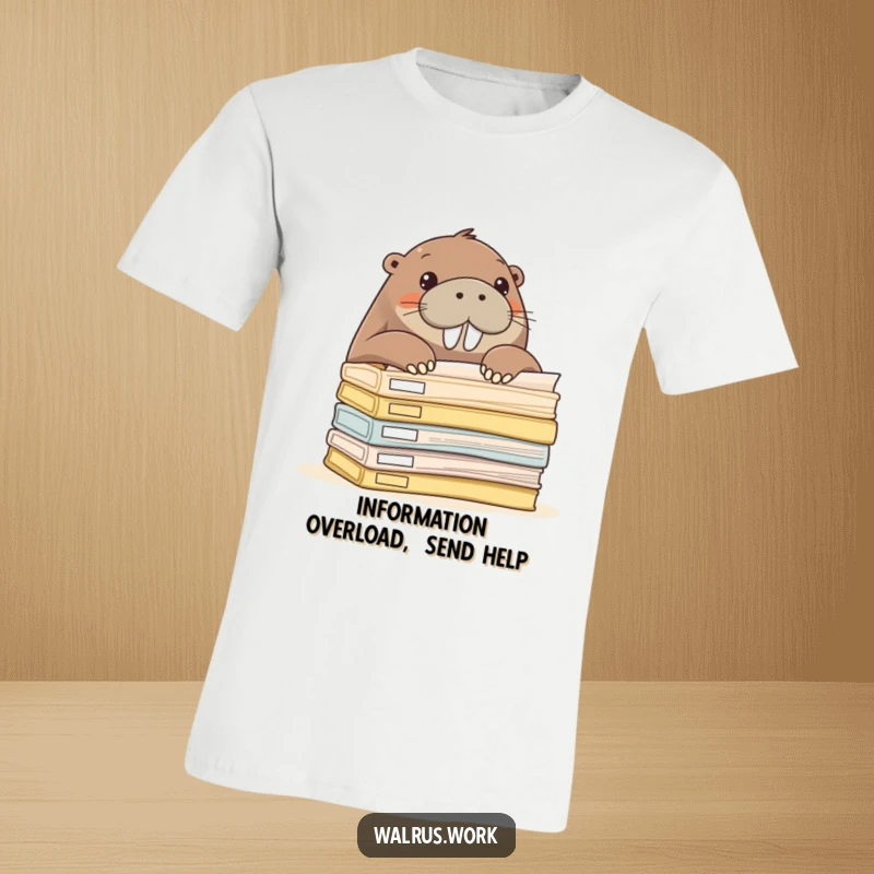 Funny walrus curiously peeking over a very high stack of office folders, printed on a t-shirt.