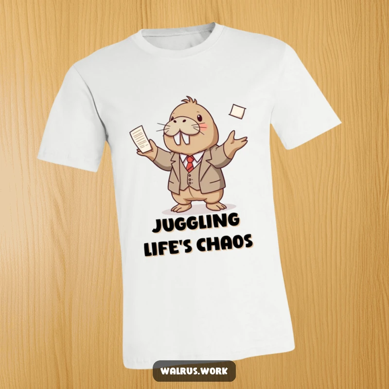Funny t-shirt featuring a walrus in a tiny suit juggling papers, representing a humorous take on business and professional life.
