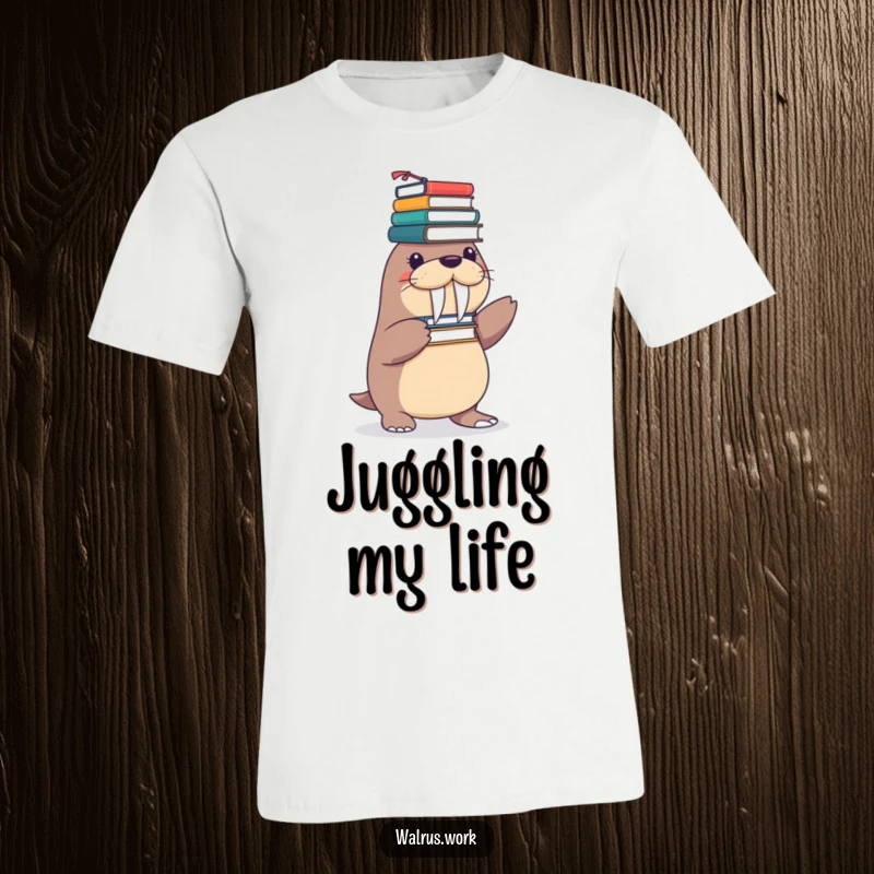 Funny t-shirt showing a playful walrus struggling to balance a precarious stack of office supplies on its flippers.