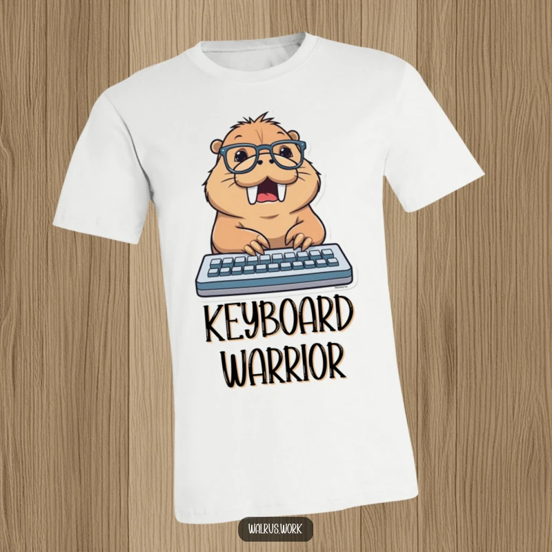Funny t-shirt featuring a walrus wearing glasses, typing enthusiastically on a keyboard, representing a humorous take on digital work.